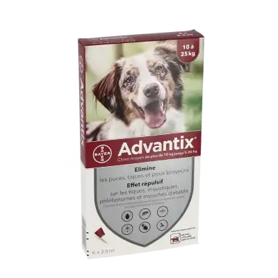 Advantix Solution externe chien moyen 10-25kg 6 Pipettes/2,5ml