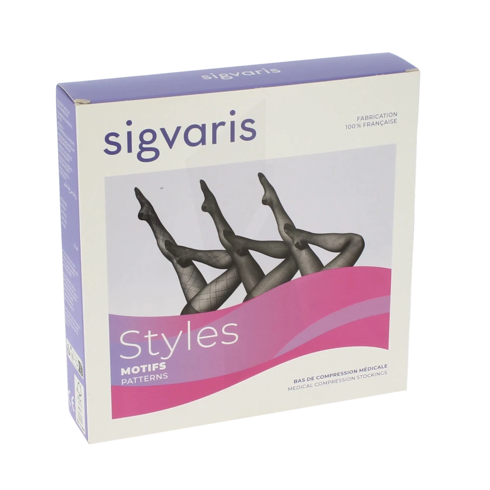 Sigvaris Styles Motifs Carreaux Bas Auto-fixants Classe 2 Femme Noir Long M