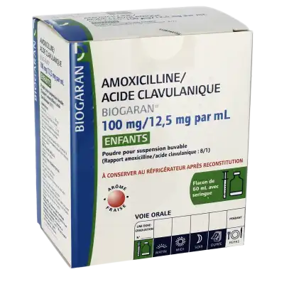 AMOXICILLINE/ACIDE CLAVULANIQUE BIOGARAN 100 mg/12,50 mg par ml ENFANTS, poudre pour suspension buvable en flacon (Rapport Amoxicilline/Acide clavulanique : 8/1)