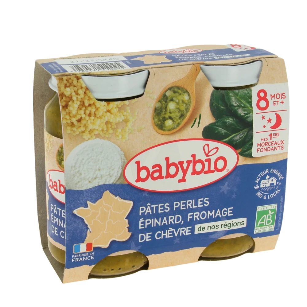 Babybio Alimentation Infantile Bonne Nuit Pâtes Perles épinard Chèvre Morceaux 2pots/200g