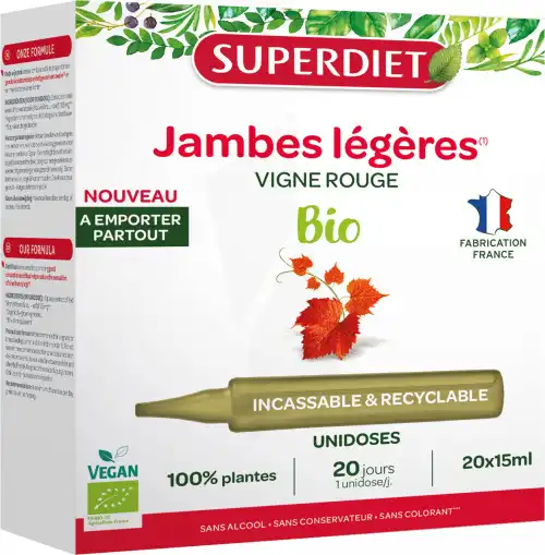 Superdiet Vigne Rouge Bio Solution Buvable Jambes Légères 20 Unidoses/15ml