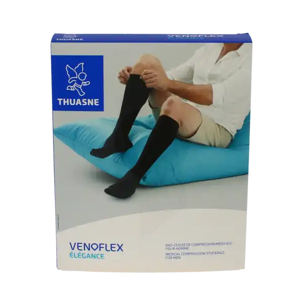 Thuasne Venoflex Elegance 2 Bas Cuisse Antiglisse Maille Côtelée Homme Noir T1n