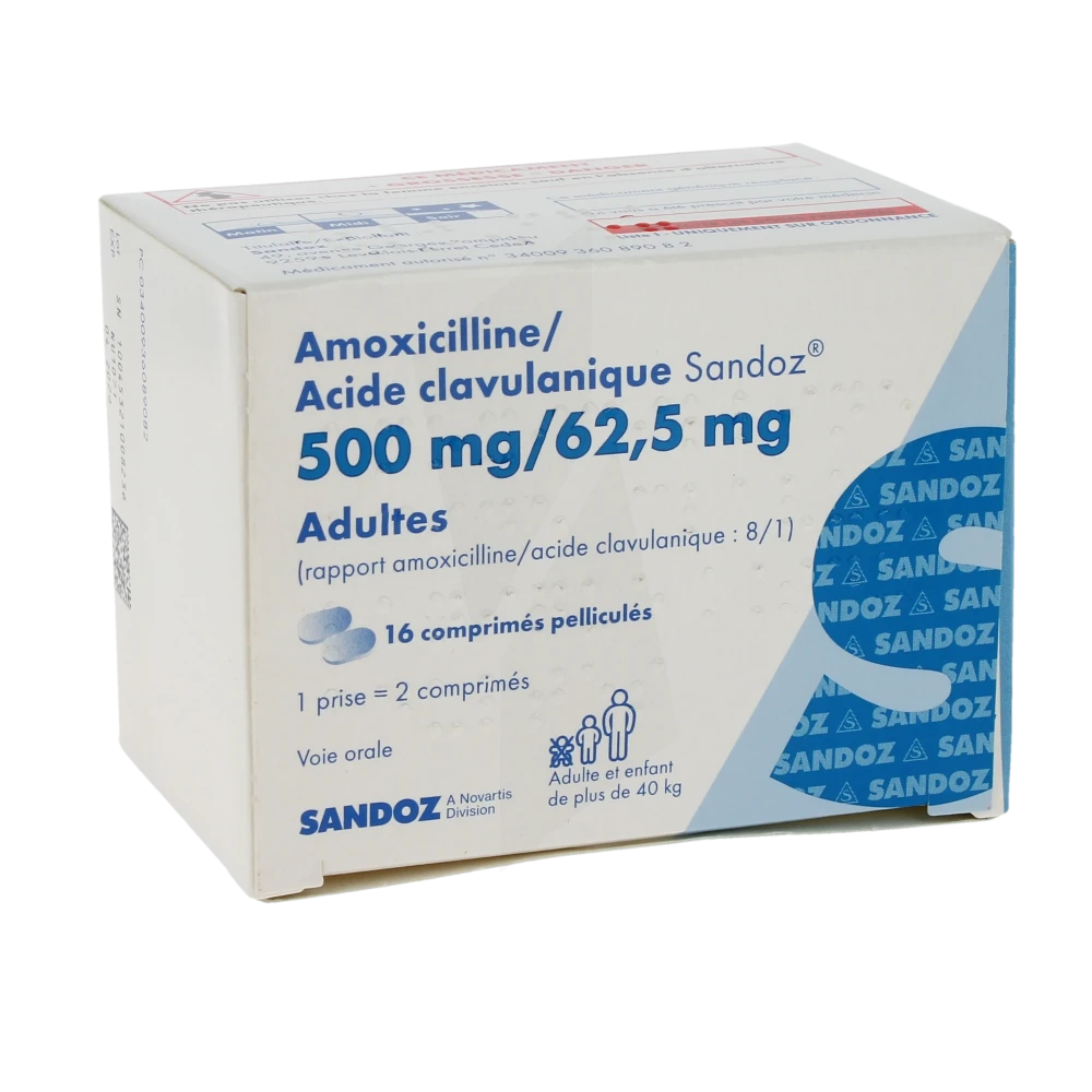 Amoxicilline/acide Clavulanique Sandoz 500 Mg/62,5 Mg Adultes, Comprimé Pelliculé (rapport Amoxicilline/acide Clavulanique : 8/1)