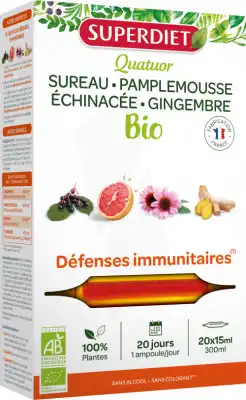 Superdiet Quatuor Bio Solution Buvable Immunité 20 Ampoules/15ml à Beaujeu-Saint-Vallier-Pierrejux-et-Quitteur