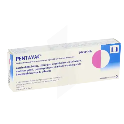 PENTAVAC, poudre et suspension pour suspension injectable en seringue préremplie. Vaccin diphtérique, tétanique, coquelucheux (acellulaire, multicomposé), poliomyélitique (inactivé) et conjugué de l'haemophilus type b, adsorbé