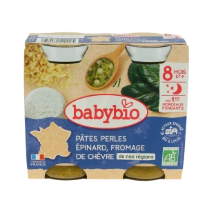 Babybio Alimentation Infantile Bonne Nuit Pâtes Perles épinard Chèvre Morceaux 2pots/200g