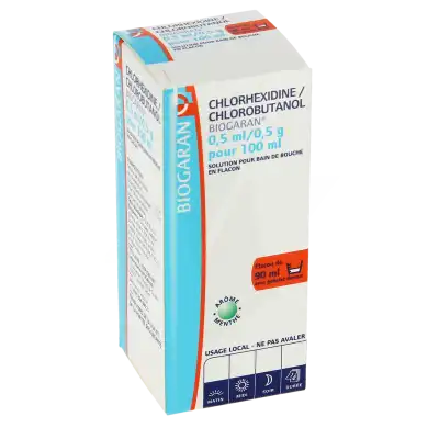 CHLORHEXIDINE/CHLOROBUTANOL BIOGARAN 0,5 ml/0,5 g pour 100 ml, solution pour bain de bouche en flacon