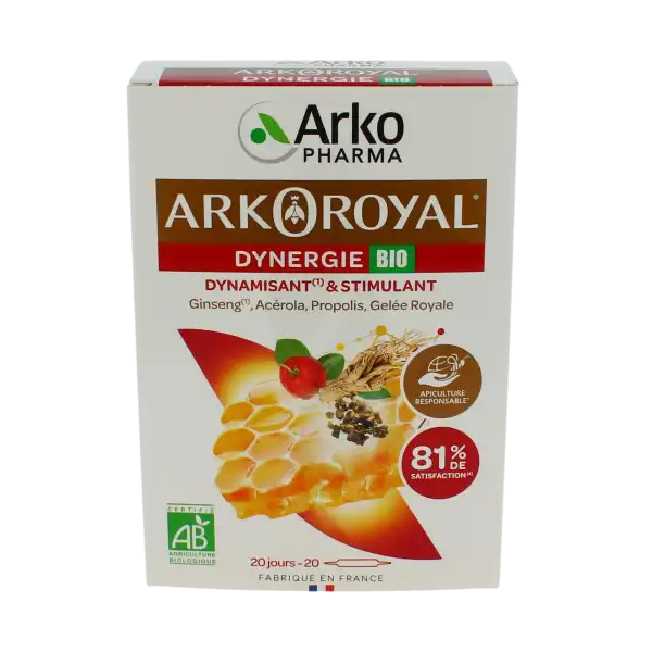 Arkoroyal Dynergie Bio Ginseng Gelée Royale Propolis Solution Buvable 20 Ampoules/10ml