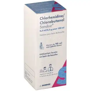 CHLORHEXIDINE/CHLOROBUTANOL SANDOZ 0,5 ml/0,5 g pour 100 ml, solution pour bain de bouche Fl/200ml