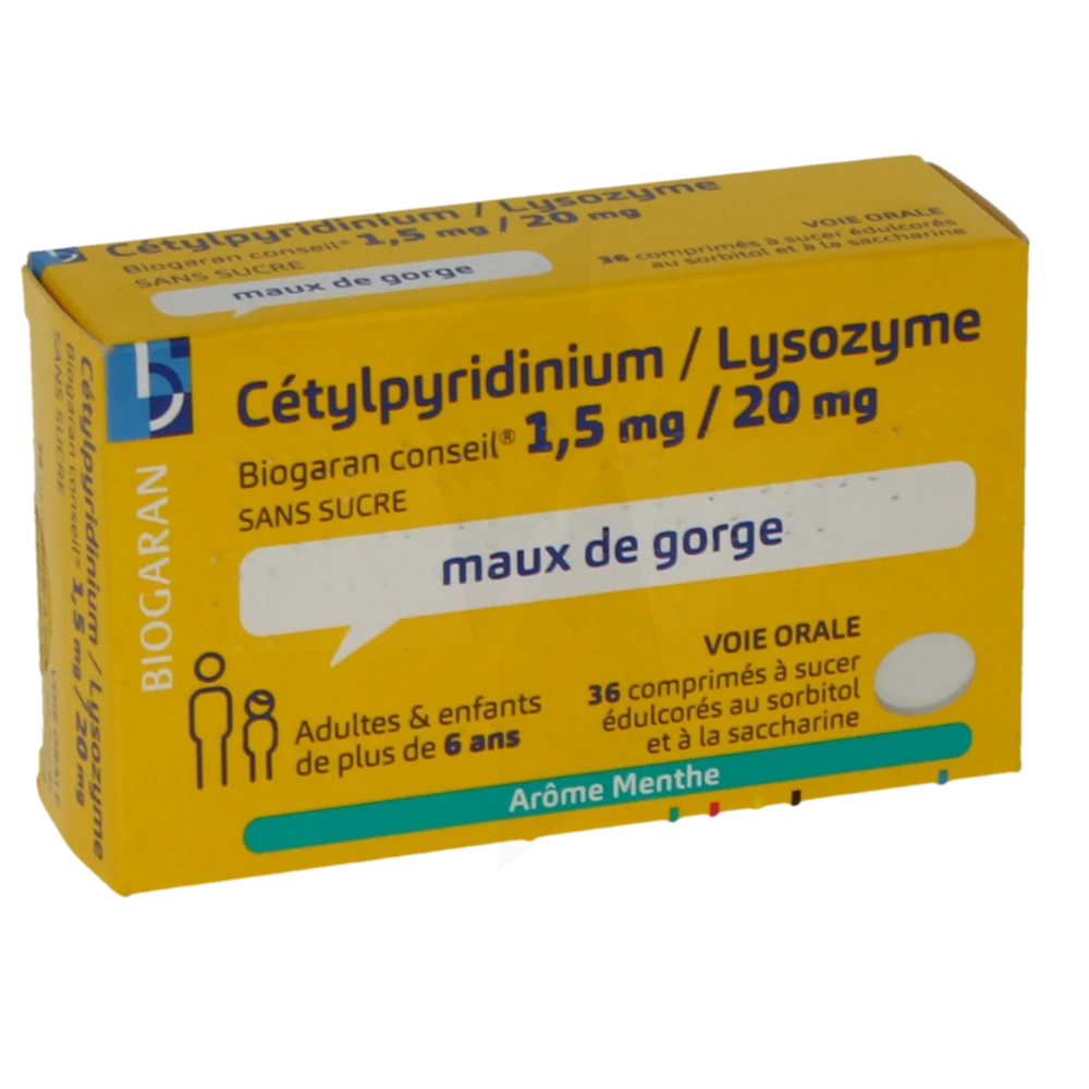 Cetylpyridinium / Lysozyme Biogaran Conseil 1,5 Mg/20 Mg Sans Sucre, Comprimé à Sucer édulcoré Au Sorbitol Et à La Saccharine