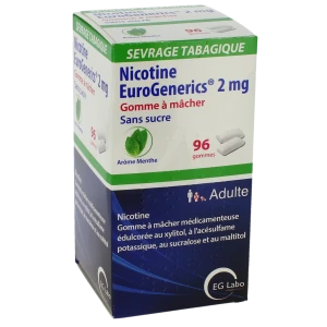 Nicotine Eurogenerics Menthe 2 Mg Sans Sucre, Gomme à Mâcher Médicamenteuse édulcorée Au Xylitol, à L'acésulfame Potassique, Au Sucralose Et Au Maltitol
