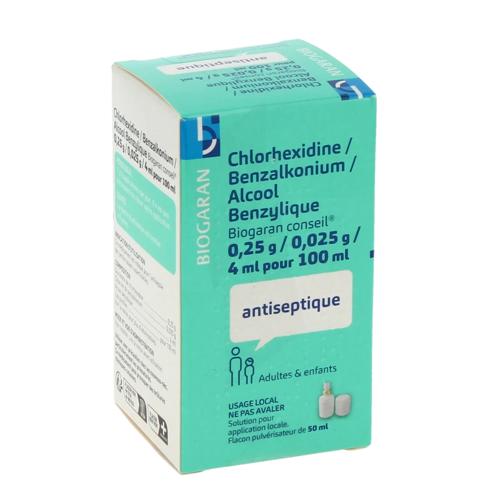 Chlorhexidine/benzalkonium/alcool Benzylique Biogaran Conseil 0,25 G/ 0,025 G/ 4 Ml Pour 100 Ml, Solution Pour Application Locale