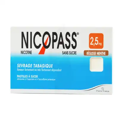 NICOPASS REGLISSE MENTHE 2,5 mg SANS SUCRE, pastille édulcorée à l'aspartam et à l'acésulfame potassique