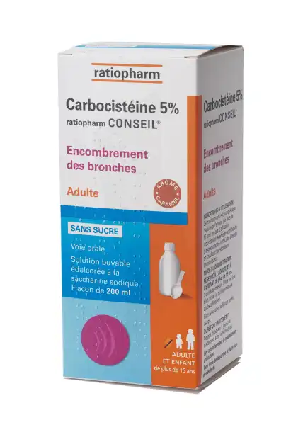 Carbocisteine Ratiopharm Conseil 5 % Adultes Sans Sucre, Solution Buvable édulcorée à La Saccharine Sodique