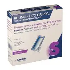 PARACETAMOL/VITAMINE C/PHENIRAMINE SANDOZ CONSEIL 500 mg/200 mg/25 mg, poudre pour solution buvable en sachet