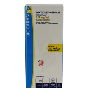 Dextromethorphane Biogaran 1,5 Mg/ml Sans Sucre, Solution Buvable édulcorée Au Maltitol Liquide Et à La Saccharine Sodique