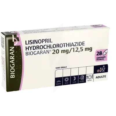 LISINOPRIL/HYDROCHLOROTHIAZIDE BIOGARAN 20 mg/12,5 mg, comprimé sécable