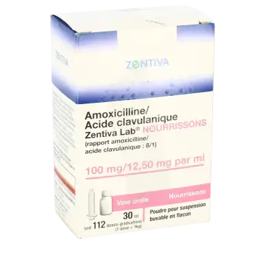 AMOXICILLINE/ACIDE CLAVULANIQUE ZENTIVA LAB 100 mg/12,50 mg par ml NOURRISSONS, poudre pour suspension buvable en flacon (rapport amoxicilline/acide clavulanique : 8/1)