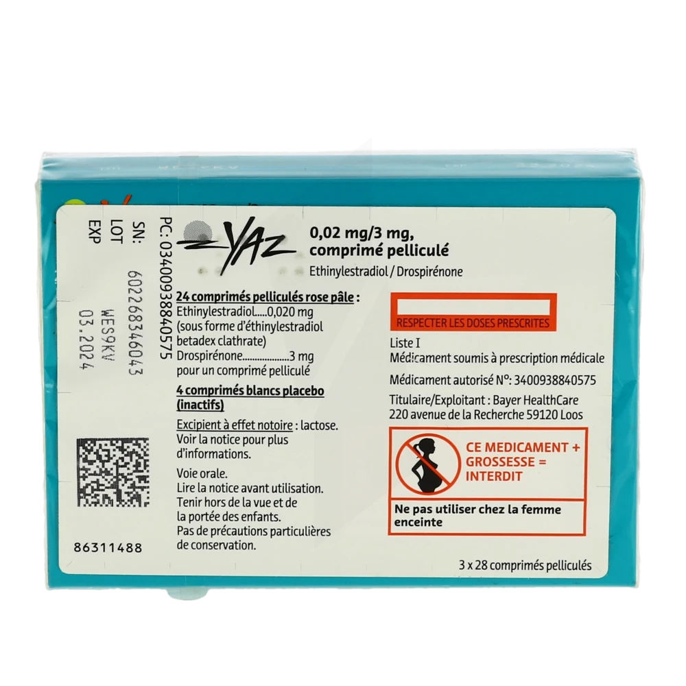 Pharmacie Carré Sénart - Médicament Yaz 0,02 Mg/3 Mg, Comprimé ...
