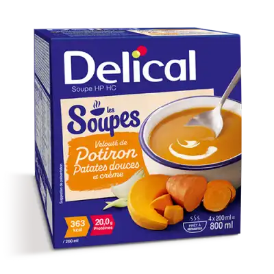 Delical Soupe Hp Hc Nutriment Velouté Potiron Patates Douces Crème 4bols/200ml à Les Arcs