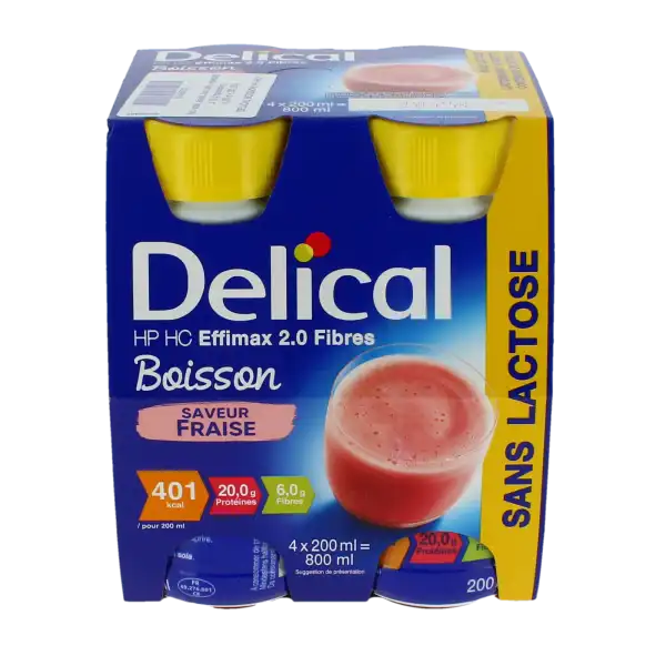 Delical Effimax Boisson Hp Hc Sans Lactose Avec Fibres Nutriment Fraise 4 Bouteilles/200ml