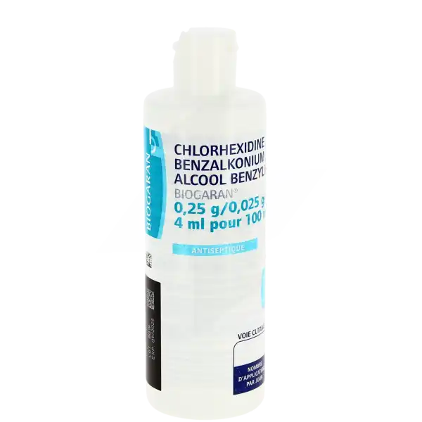 Chlorhexidine/benzalkonium/alcool Benzylique Biogaran 0,25 G/0,025 G/4 Ml Pour 100 Ml, Solution Pour Application Locale