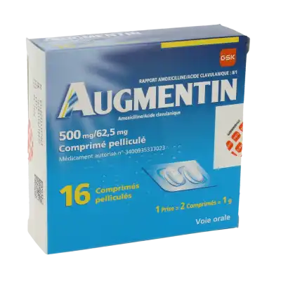 AUGMENTIN 500 mg/62,5 mg, comprimé pelliculé (rapport amoxicilline/acide clavulanique : 8/1)