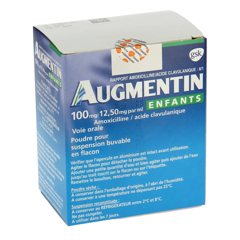 Augmentin 100 Mg/12,50 Mg Par Ml Enfants, Poudre Pour Suspension Buvable En Flacon (rapport Amoxicilline/acide Clavulanique : 8/1)