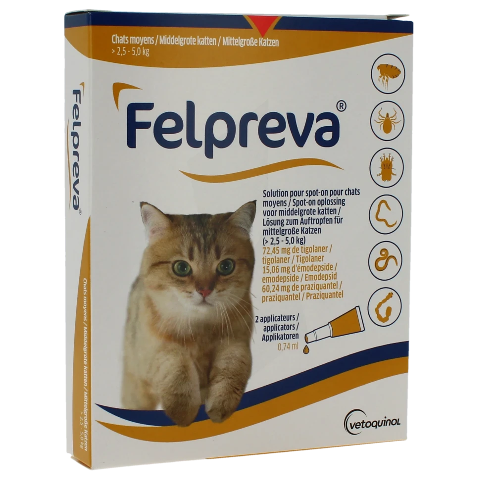 Felpreva Solution Pour Spot-on Pour Chats Moyens (> 2,5 - 5 Kg), Solution Pour Spot-on