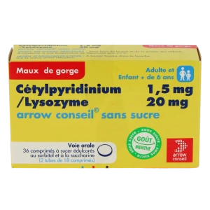 Cetylpyridinium/lysozyme Arrow Conseil 1,5 Mg/20 Mg Sans Sucre, Comprimé à Sucer édulcoré Au Sorbitol Et à La Saccharine
