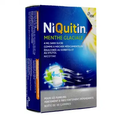 NIQUITIN MENTHE GLACIALE 4 mg SANS SUCRE, gomme à mâcher médicamenteuse édulcorée au sorbitol et au xylitol