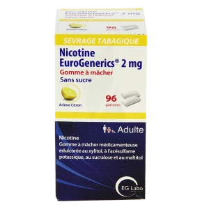 Nicotine Eurogenerics Citron 2 Mg Sans Sucre, Gomme à Mâcher Médicamenteuse édulcorée Au Xylitol, à L'acésulfame Potassique, Au Sucralose Et Au Maltitol
