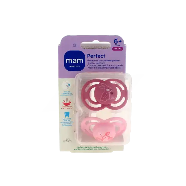 MAM PERFECT Sucette anatomique silicone + 6 mois animaux Boîte de 2