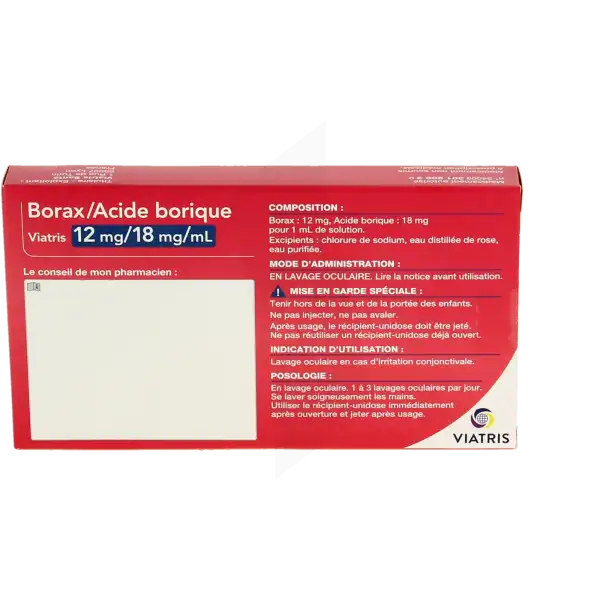Borax/acide Borique Viatris 12 Mg/18 Mg/ml, Solution Pour Lavage Ophtalmique En Récipient Unidose