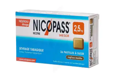 NICOPASS REGLISSE MENTHE 2,5 mg SANS SUCRE, pastille édulcorée à l'aspartam et à l'acésulfame potassique