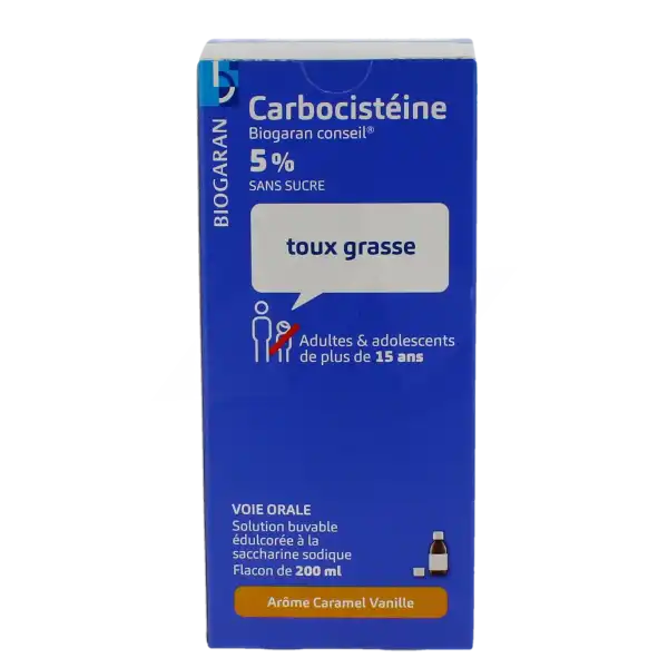 Carbocisteine Biogaran Conseil 5 Pour Cent Sans Sucre, Solution Buvable En Flacon édulcorée à La Saccharine Sodique