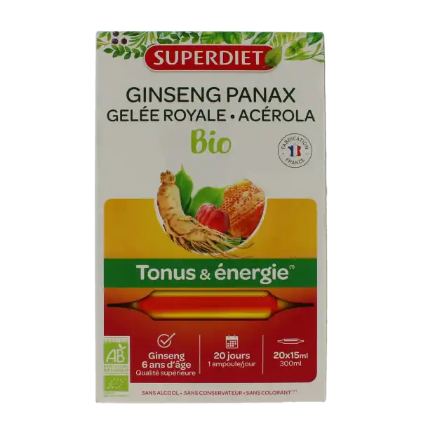 Superdiet Ginseng Gelée Royale Acérola Bio Solution Buvable 20 Ampoules/10ml