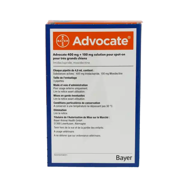 Advocate 400 Mg + 100 Mg Solution Pour Spot-on Pour Tres Grands Chiens, Solution Pour Spot-on