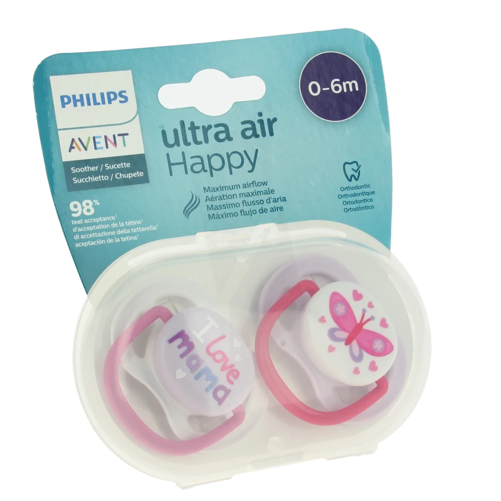 Avent Ultra Air Sucette Silicone 0-6mois Girl Love Mama B/2