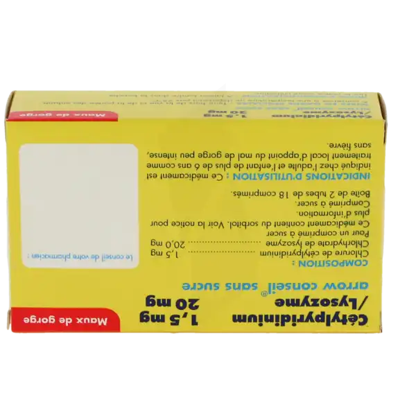 Cetylpyridinium/lysozyme Arrow Conseil 1,5 Mg/20 Mg Sans Sucre, Comprimé à Sucer édulcoré Au Sorbitol Et à La Saccharine