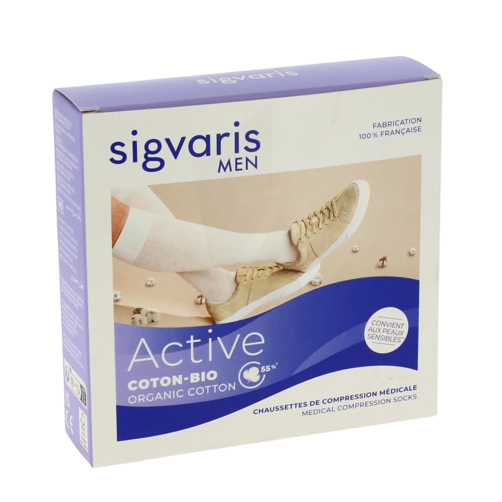 Sigvaris Active Coton Bio 55% Chaussette Classe 2 Homme Beige Normal S